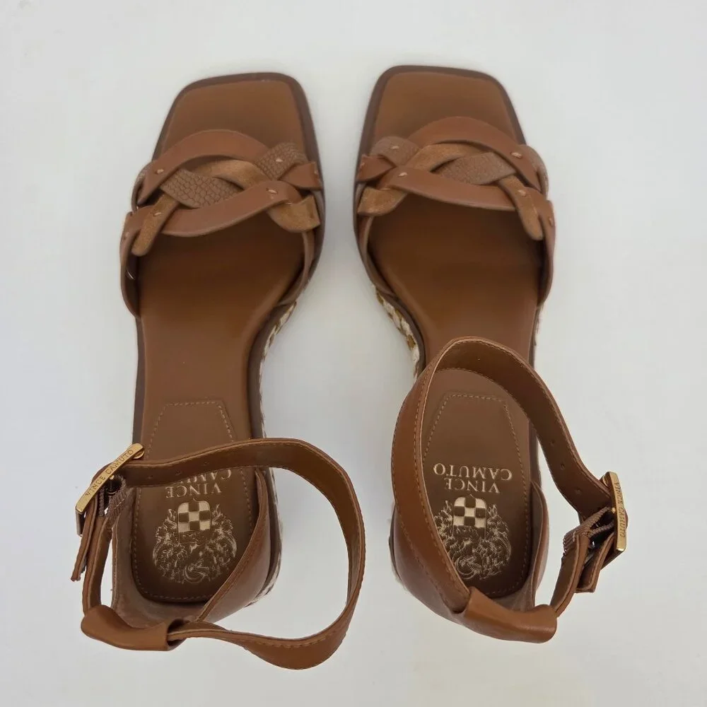 Vince Camuto Womens Baylees Sandals Sz 9 Leather Wedge Espadrille Aged Rum Brown